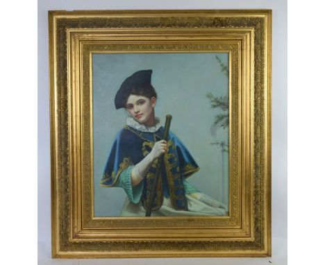 19th century style portrait of a lady in a black hat, oil on canvas, in gilt frame, 60 cm x 50 cm.    