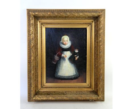 20th century portrait of a Tudor child with doll, oil on board, in gilt frame,   29 cm x 40 cm.    