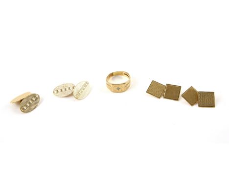 Two pairs of cufflinks, one 1930's oval engine turned, another with square panels, both connected by chain links and a vintag