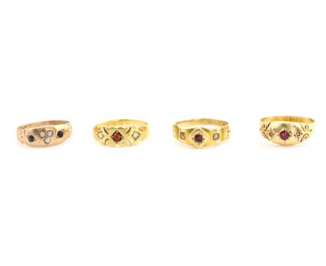 Victorian ruby and opal set ring, in 18 ct gold hallmarked 1881, two ruby and diamond rings in 18 ct and a 9 ct gold ring wit