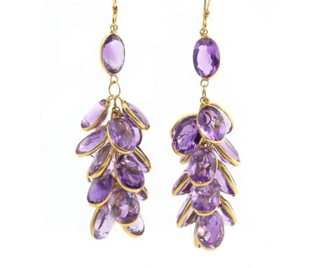 Amethyst earrings, each faceted stone in 14 ct gold rub over setting, length 4 cm.    