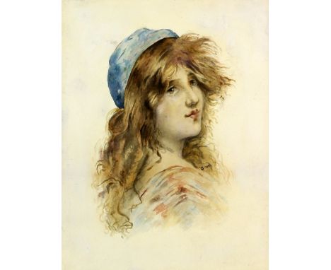 Charles Hazlewood Shannon - head and shoulders portrait of a woman with long flowing hair wearing a blue hat, watercolour,  m