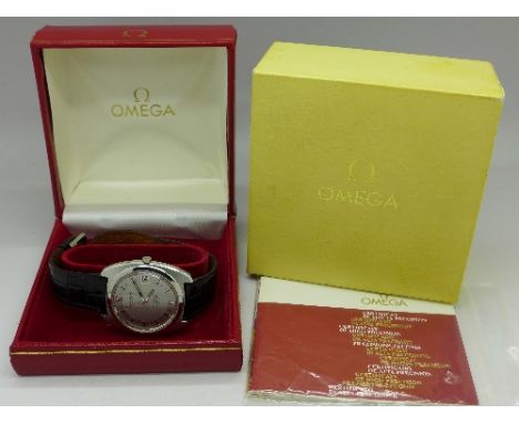 A gentleman's stainless steel Omega Constellation Chronometer Electronic p300Hz on an Omega leather strap, boxed, with papers