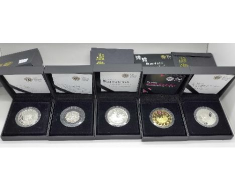 Silver proof coins; three £5 coins, a one ounce coin and a 50p coin