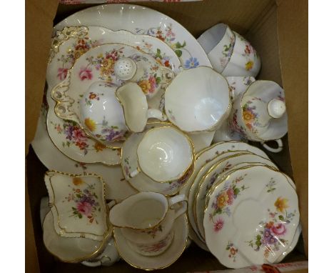 Thirty-seven pieces of Royal Crown Derby Derby Posies china, including seven coffee cups, four tea cups, saucers and plates