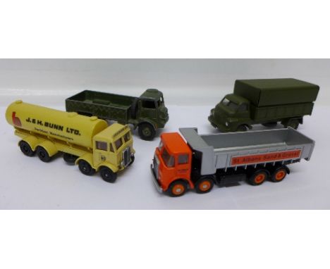 Two Dinky Toys model vehicles; 623 Army Wagon and 621 3 Ton Army Wagon, seven model motor cars and nineteen model lorries and