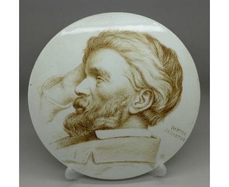 A ceramic plaque, Thomas Carlyle, hand painted with monogram, diameter 25.5cm