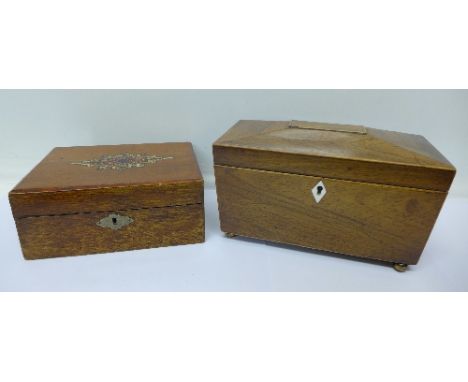 A sarcophagus shaped tea caddy and a workbox, both a/f