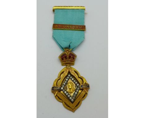 A Victorian 18ct gold, enamel and brilliant stone set Masonic jewel, Queen Victoria Diamond Jubilee, with 14 June 1897 Date B