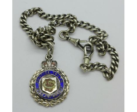 A silver double Albert chain with a silver and enamel fob medal, 53g