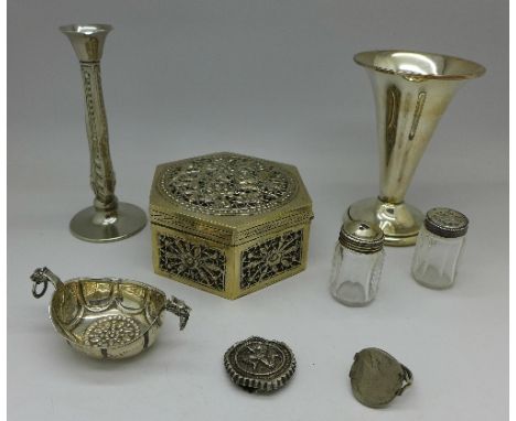 A silver salt, an hexagonal shaped box, two specimen vases, etc.