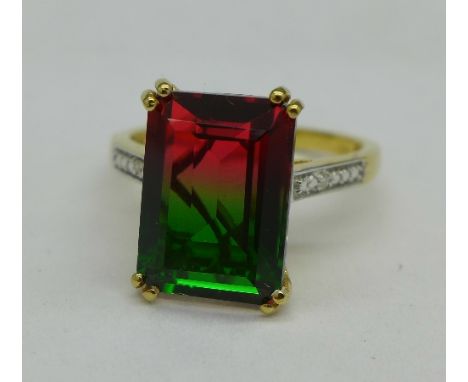 A silver gilt watermelon quartz ring with diamond accents, R