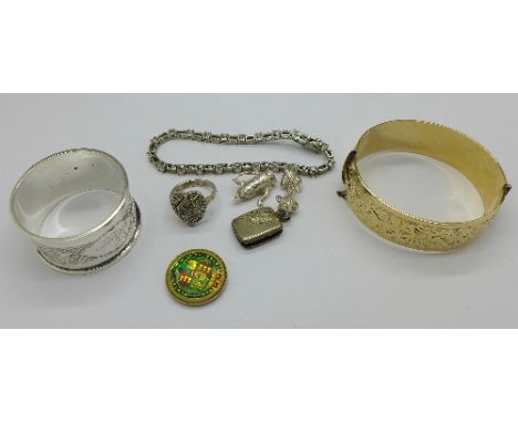 A gold plated bangle, silver jewellery and a silver napkin ring