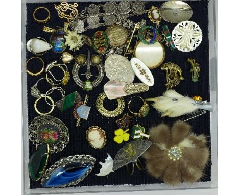 Costume jewellery, enamel badges including Royal Berkshire Regiment China badge, mink brooch, etc.