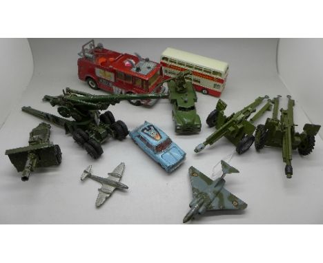 Dinky Toys including a Merryweather fire engine, a bus, a plane and military