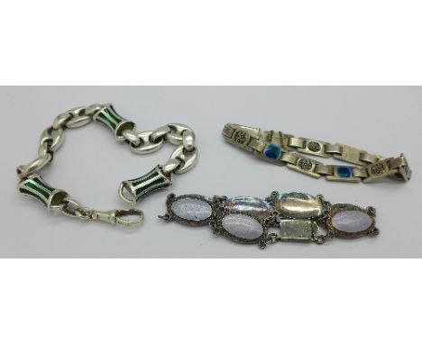 Three silver and enamel bracelets, 87g
