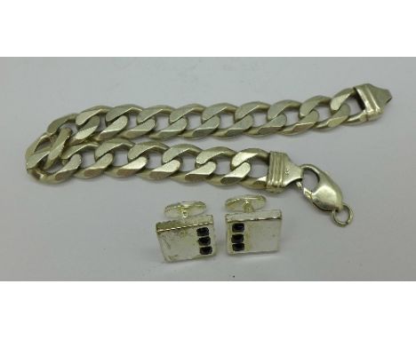 A silver bracelet, a/f, 49g, and a pair of cufflinks