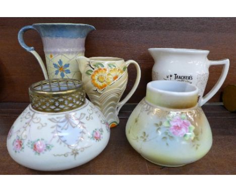 A Wade Art Deco jug and a Myott jug, two posy vases and a Teachers Scotch whisky water jug