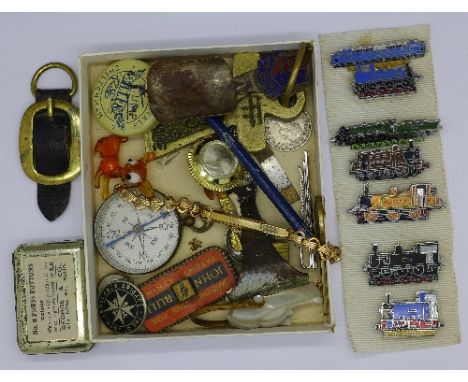 Railway badges, tins, compass, etc.