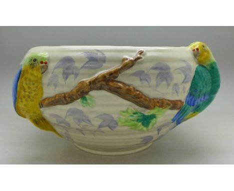A Clarice Cliff budgerigar bowl, diameter 21cm