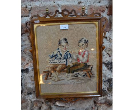 A pair of Victorian needlework pictures, mischievous boys, playing cards and singing 'Lovely Nancy' in decorative walnut fram