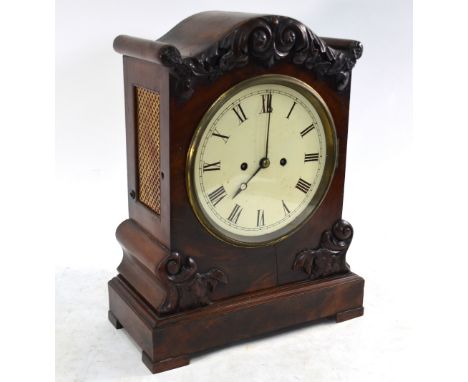 A 19th century mahogany cased eight-day twin fusee bracket clock, with white enamelled dial striking the hours on a bell, 43 