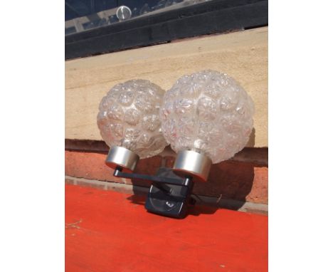 Mid Century wall mounted light with 2 frosted glass globe shades embossed in floral design H; 17 W: 28 cm