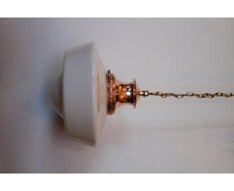 Vintage opaline pendant light with polished copper gallery and brass hook and chain detail  H : 38  W : 36 cm