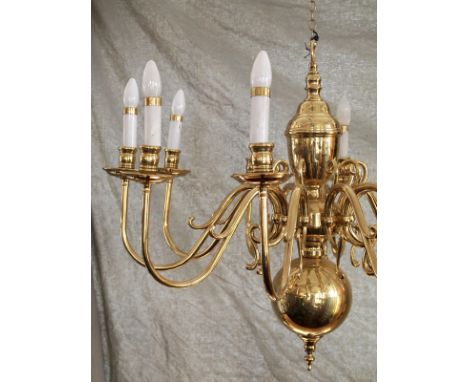 Victorian brass 10 arm chandelier with candle tubes, simple fluted arms and candlestick lamp holders H: 72 cm
