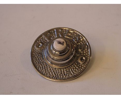 Victorian style, polished nickel 'Press' embossed bell with ceramic centre