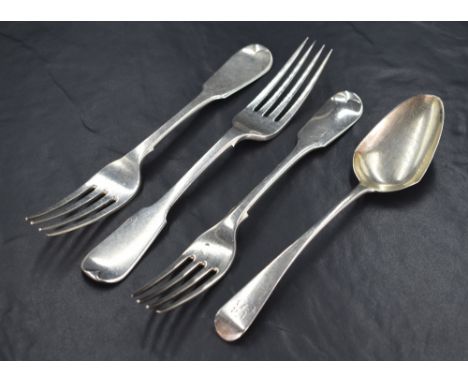 A pair of William IV silver fiddle pattern forks, having an engraved heraldic crest and 'EJC' monogram, marks for London 1833