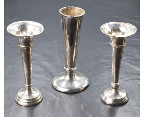 Three George V silver vases, all of fluted form with two having flared rims and step moulded circular feet, marks for London,