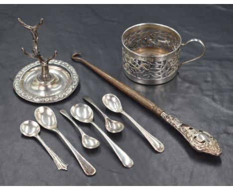 A group of six silver condiment spoons, including one having bead thread and one of Albany pattern, along with a silver tree 