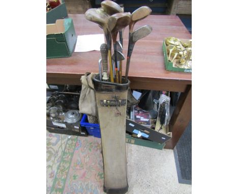 Vintage golf clubs x 10, 1 metal sick, 1 old umbrella