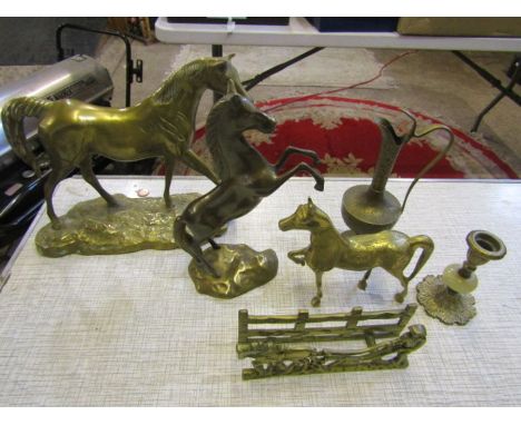 Brass horses, letter rack, candlestick and jug