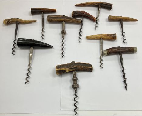 Nine various antler-handled T bar corkscrews and a similar horn-handled corkscrew (9)