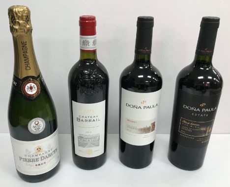 A collection of various wines including 1 x Chateau Barrail Bordeaux 2016 OWC, a boxed pair of Dona Paula Estate Wines includ