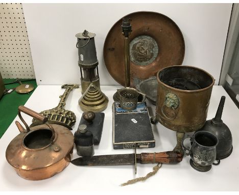 Two boxes of various metal wares to include copper charger with brass centre medallion depicting a figure harvesting corn, a 