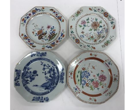 A collection of four various 19th Century Chinese octagonal plates, three polychrome decorated with flowers in garden to the 