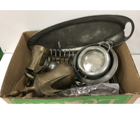 A box of various metal wares including two Turkish style coffee pots, an Abram pewter baluster sugar caster, Civic pewter two