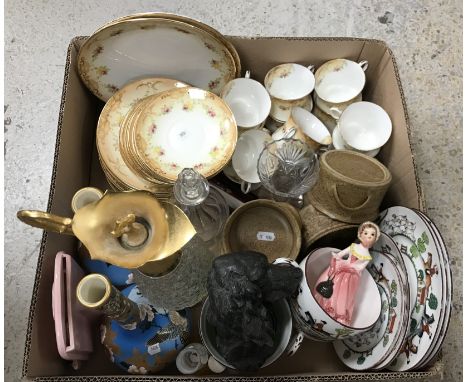 A box of assorted china wares to include a pair of Japanese onion shaped vases with crane decoration, an early 20th Century p