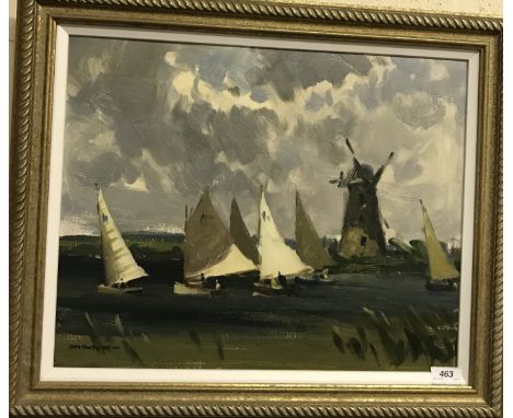 DONALD MCINTYRE "Norfolk Broads" study of sailing barges and windmill, oil on board, signed lower left, inscribed "United Soc