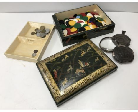 A box containing a collection of various objets de vertus including an 18th Century pendant reliquary each side set with six 