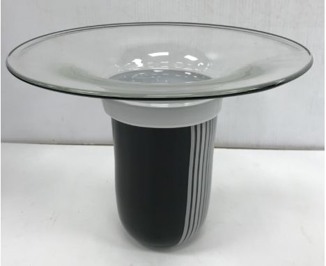 A modern glass vase, possibly Steuben, with black and white striped / black enamel decoration to the main body with a wide fl