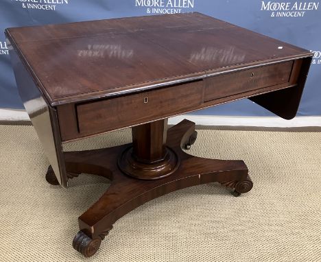 A Victorian mahogany drop leaf sofa table, the rounded rectangular top over two frieze drawers on an octagonal pedestal to qu