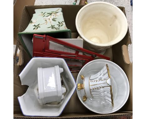 Four boxes containing various jardinieres, fake flowers, china plates etc together with a copper warming pan and a mirrored d