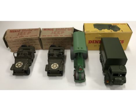 Two Minic clockwork toys Jeep No. 1 with spare wheel and jerry can, boxed, a Dinky Toys army covered wagon (623), boxed and a