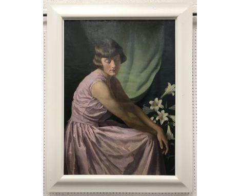 PHILIP CALLON HUMPHREYS "Girl in pink dress, her hair in a bob, lilies at her side" a portrait study, three quarter length, o