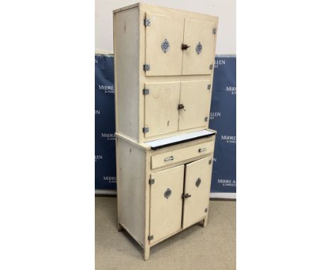 An early to mid 20th Century painted kitchen larder cabinet with enamelled pastry shelf, 74cm wide x 46cm deep x 185cm high, 