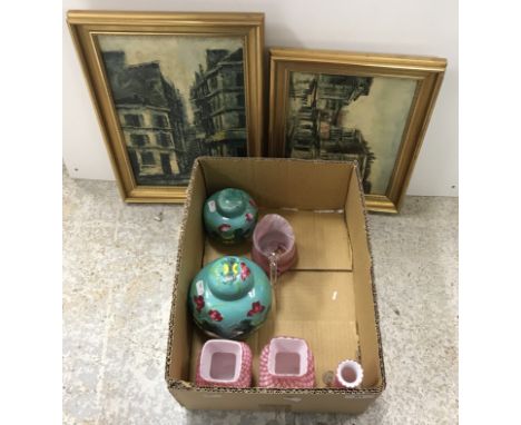 A box containing a Chinese ginger jar with turquoise ground, set with crane and flowers, together with another smaller simila